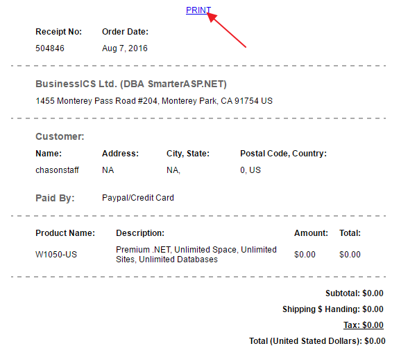 Where can I print my purchases receipt ? - SmarterASP.net